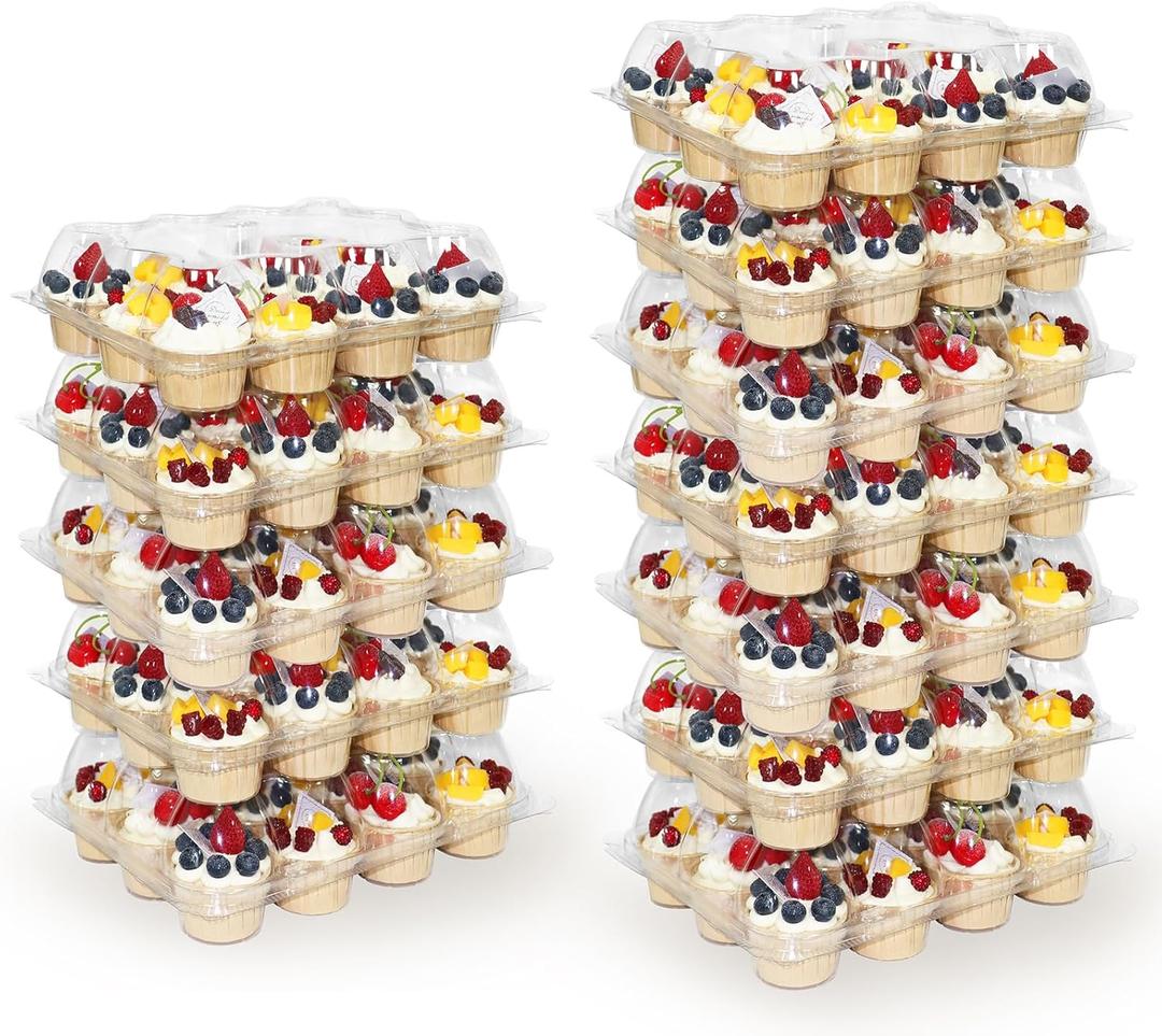 WIKDAY 12 Count x 12 Sets Plastic Cupcake Containers, Durable and BPA-Free Cupcake Holder with Lid for Easy Transport Storage, Stackable Clear Cupcake Carriers, Reusable Dessert Boxes