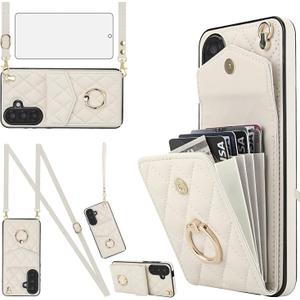 Phone Case for Samsung Galaxy A36 5G Wallet Cover with Tempered Glass Screen Protector and Crossbody Wrist Strap Ring RFID Blocking Credit Card Holder Cell A 36 36A LTE SM-A366U Women Girls Off White