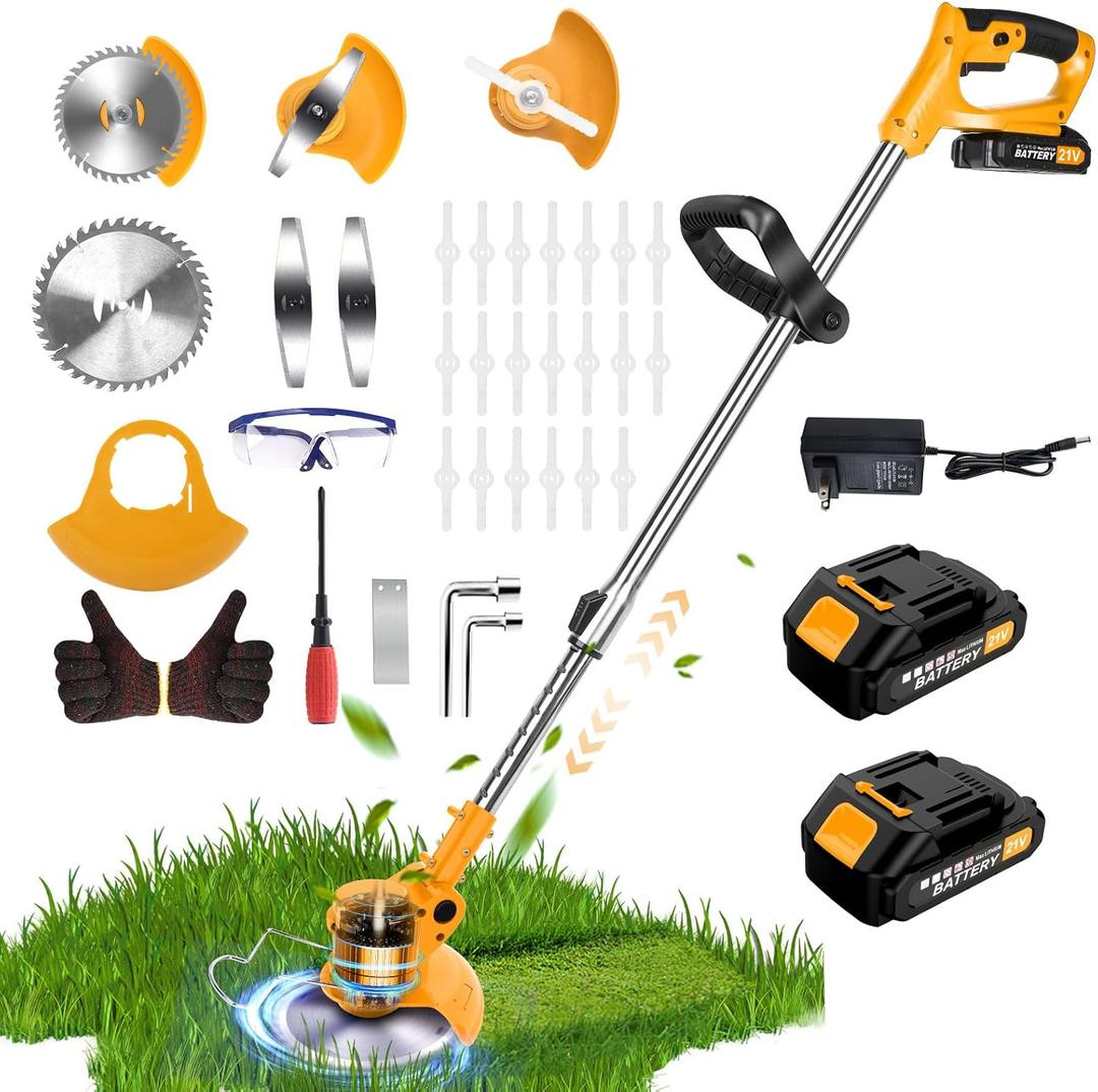 20000 RPM Electric Weed Wacker Cordless Eater, 21V Height Adjustable 6" Heavy-Duty Garden Edger Brush Cutter Cordless, Grass Trimmer Lawn Mower Trimmer with Blades, 2 Batteries, Charger (Yellow)