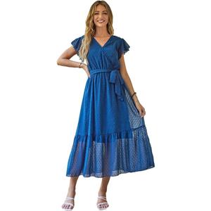 VintageClothing Womens Sundress Casual Floral Summer Boho Dress Flowy Wrap V Neck Ruffle A-Line Pleated Hem Midi Dresses, Size S
