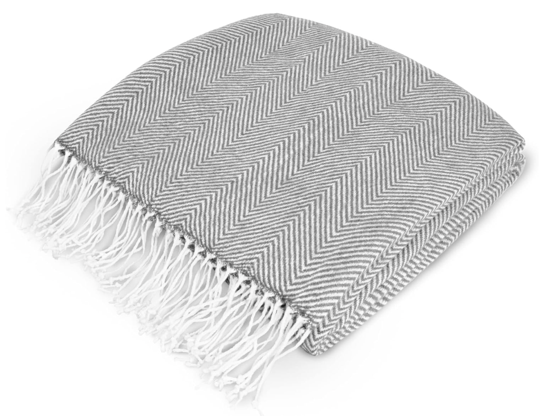 PAVILIA Light Gray Herringbone Throw for Couch, Decorative Outdoor Accent Blanket, Faux Cashmere, 50x60