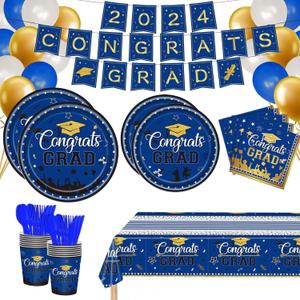 Esjay Graduation Party Decorations Class of 2024 Serves 24, Graduation Party Supplies, Plates and Napkins Flatware Banner Balloons Tablecloth, Grad Decorations for College High School, Blue and Gold