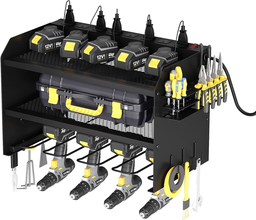 AZERPIAN Power Tool Organizer Wall Mount with Charging Station 3 Layer Heavy Duty Metal Tool Storage Rack with 4 Cordless Drill Holder Utility Rack with 8 Power Strip,Black