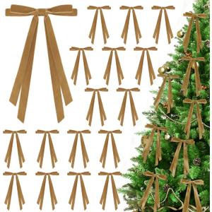 24 Pcs Christmas Bows for Tree, Light Brown Velvet Ribbon Bow for Christmas Tree, Pre-Tied Vintage Xmas Bows for Xmas Trees Wreaths Gifts Wedding Indoor Outdoor Decorations, 5 x 7 Inch (Camel)