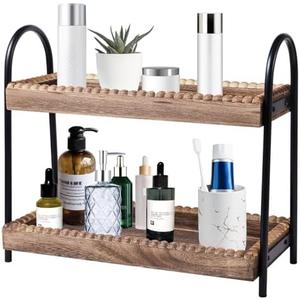 BDBDYEAY Bathroom Countertop Organizer, 2 Tier Vanity Organizer and Storage for Cosmetic Skincare Perfume, Wood Bead Storage Shelf for Bathroom Kitchen Coffee Station