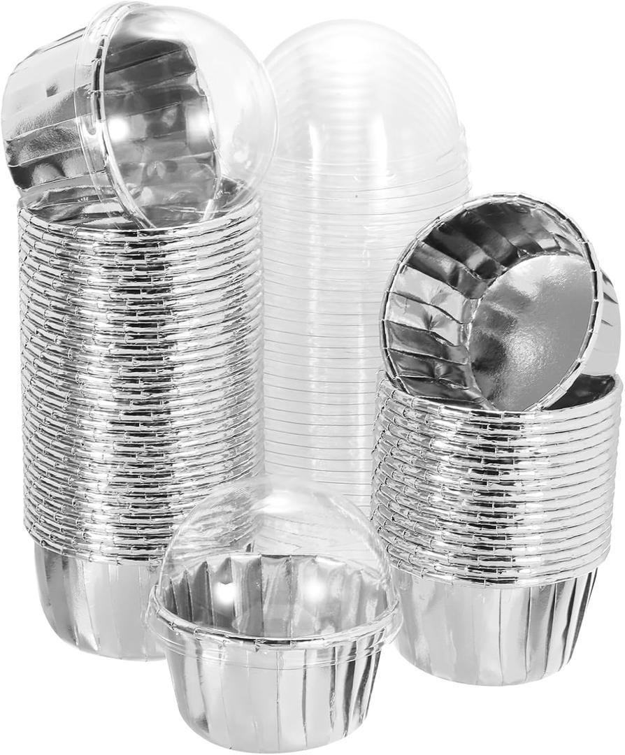 uxcell 50 Pcs Double-sided Aluminum Foil Cupcake Liners with Lids, Greaseproof Muffins Baking Cupcakes for Wedding Birthday Party Decoration, Silver (Round)