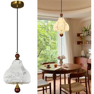 Fabric Pendant Light, Modern Wood Single Head Hanging Lamp, Brass Finished Adjustable Pendant Lighting Fixture,Vintage Chandelier for Bedside, Hallway, Bedroom, Kitchen Island, Restaurant