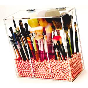 Acrylic Makeup Organizer ,clear Cosmetic brush storage box with 3 Brush Holders ,Makeup brush holderwith dust cover, Largecapacity split design can quickly organize the desktop ( with Free