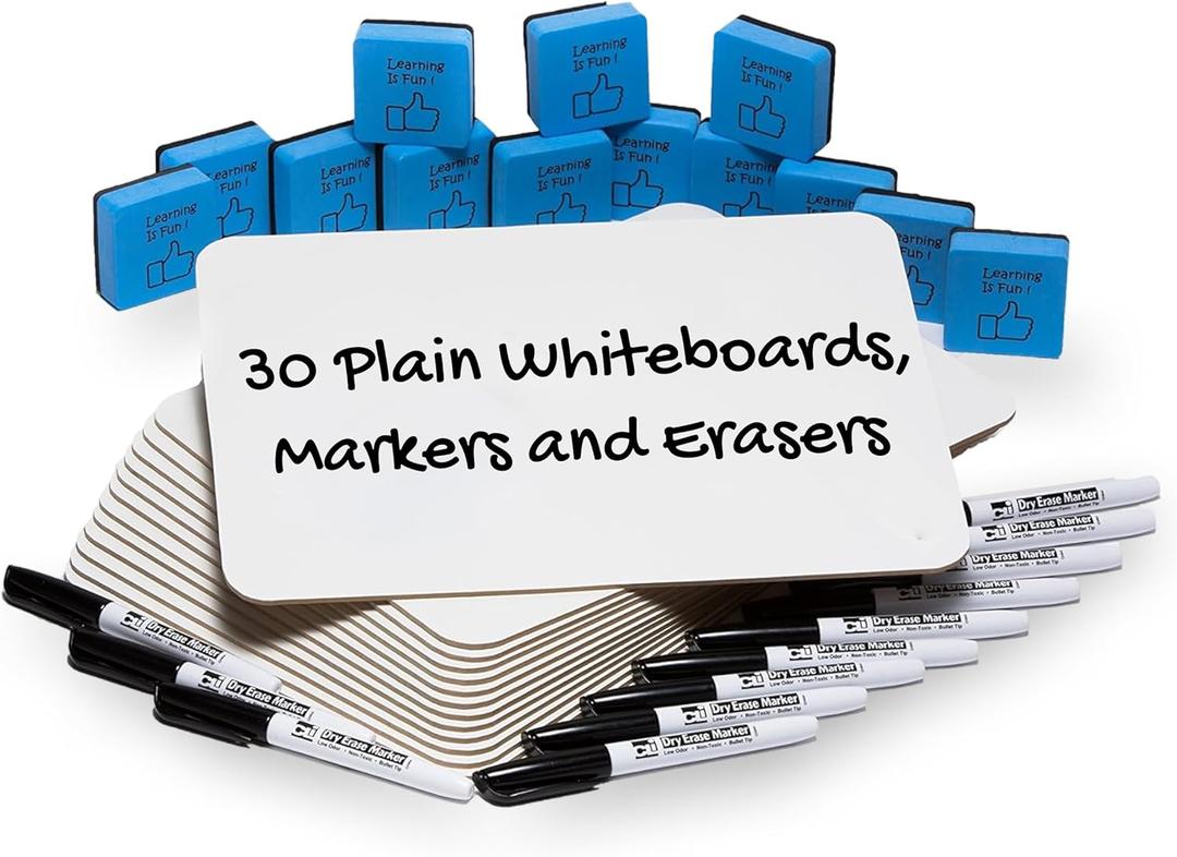 Charles Leonard Dry Erase Board Classroom Pack - Mini Lapboard School Supplies for Teachers, Students - Includes 30 each Erasable White Boards, 2 Inch Felt Erasers and Black Dry Erase Markers (35090) (Plain)