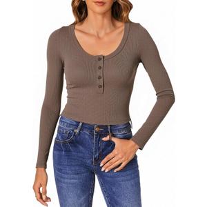 Women's Long Sleeve Crop Tops Casual Button Scoop Neck Ribbed Knit Henley Shirts size large