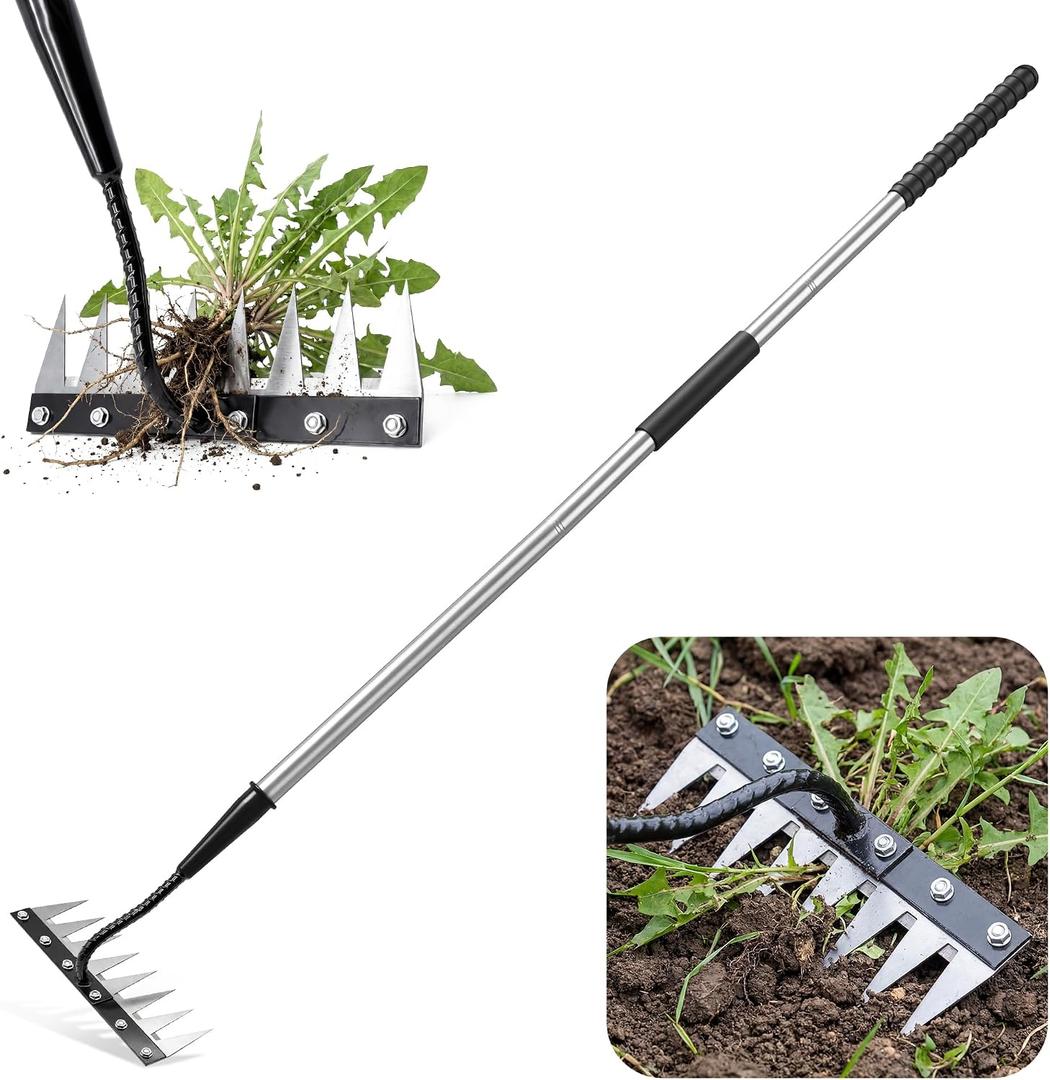 Iron Weeding Rake with Long Handle, Manual Weeder Tool for Garden | Upgraded Rake 8 Teeth Weed Puller Tool, Heavy Duty Weeder Remover Tool for Weeding, Cultivating & Soil Aeration