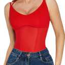 Popilush Women Mesh Shapewear Bodysuit Tummy Control Going Out Corset Tops Double Spaghetti Strap Body Suits (Small, Red)