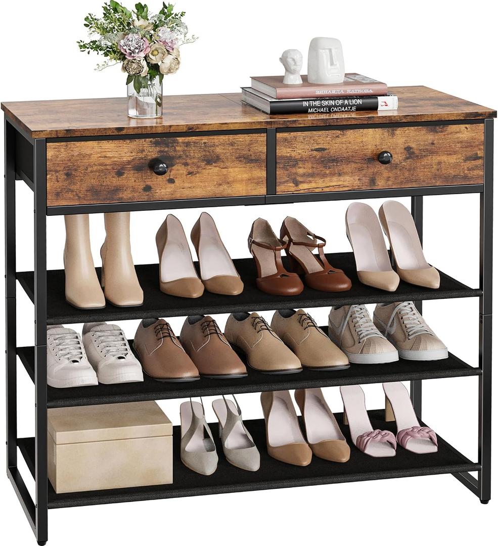 Shoe Rack, 4 Tier Shoe Storage Organizer with 2 Drawers, 12-16 Pairs of Shoes, Metal Shoe Storage Shelf with 3 Oxford Fabric Shelves and Wooden Top, Shoe Stand for Closet Entryway, Rustic Brown
