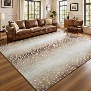 Soft Antelope Rug 5x7 Ft, Animal Print Rugs for Living Room Bedroom, Non-Slip TPR Backing for Hardwood Floors, Machine Washable & Easy to Clean, Pet Friendly Carpet for Kids, Brown, White
