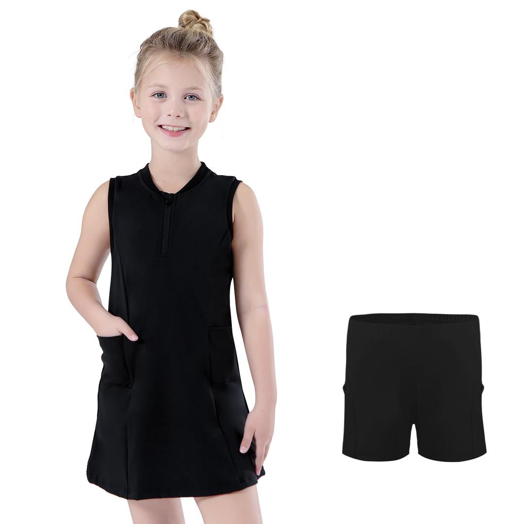 Bezioner Girls Tennis Dress with Shorts Pockets A-Line Golf Outfits Zipper Workout Athletic Dresses Sleeveless Active Dress Black 150(11-12 Years,140-150cm) (Black)