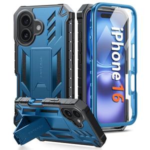 FNTCASE for iPhone 16 Phone Case: Military Grade [Built-in Screen Protector] [Kickstand] Matte Textured Drop Proof Protection Cover | Rugged Shockproof TPU Protective Sturdy Cases - Blue
