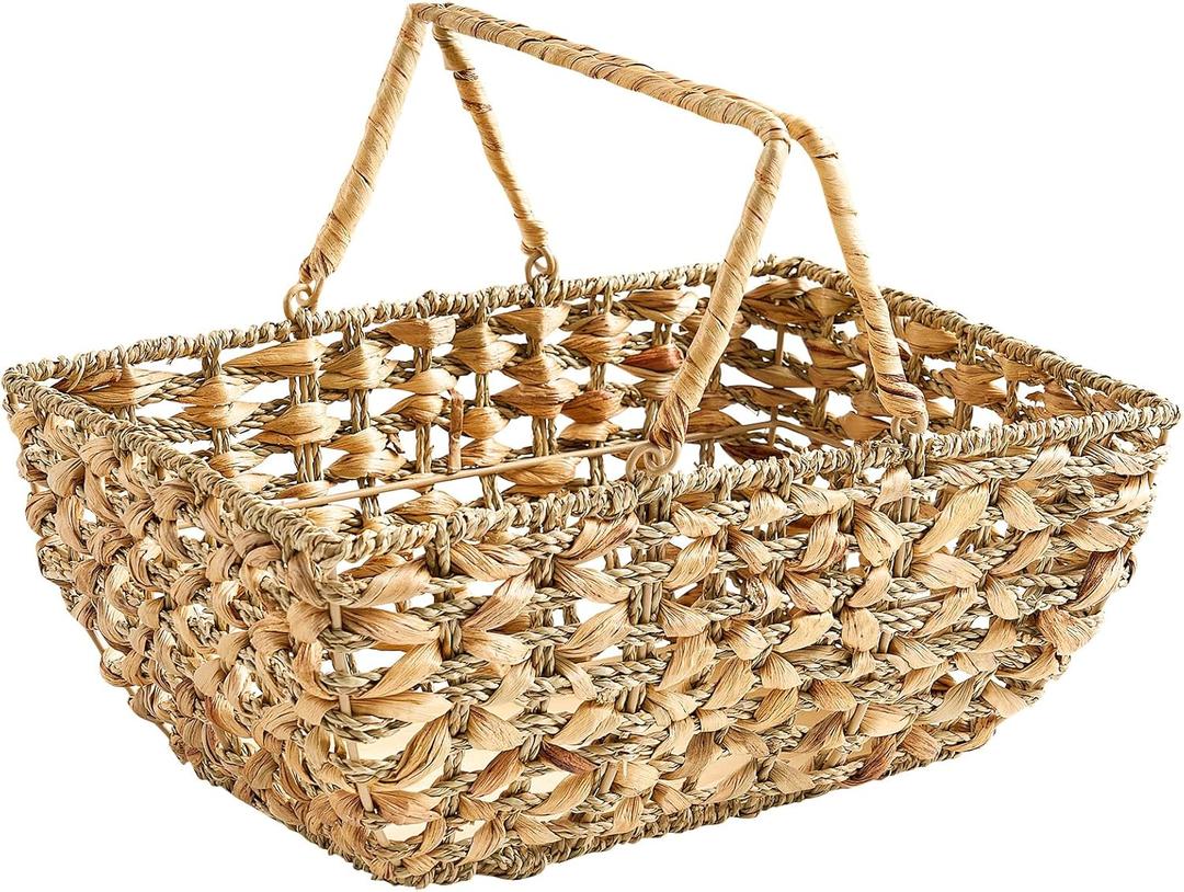 Wicker Picnic Basket with Handles, Wicker Baskets with Wooden Base for Picnic, Camping & Storage Basket (Large, Seagrass)