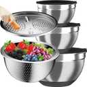 Mixing Bowls with Airtight Lids, Stainless Steel Mixing Bowl Set with 3 Nesting Kitchen Metal Bowls, Colander & Grater, Non-Slip Bottoms, Size 1.5, 2.5, 5 QT, Great for Mixing & Serving, Black