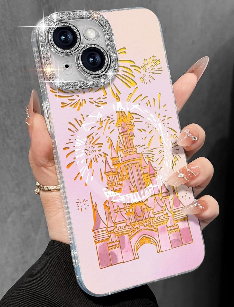 Toycamp for iPhone 15 Case - Compatible with Magsafe Aesthetic Cute Holographic i15 Case with Diamond Bling Lens Protector for Apple 15 Cover for Women Girls, Fireworks Castle