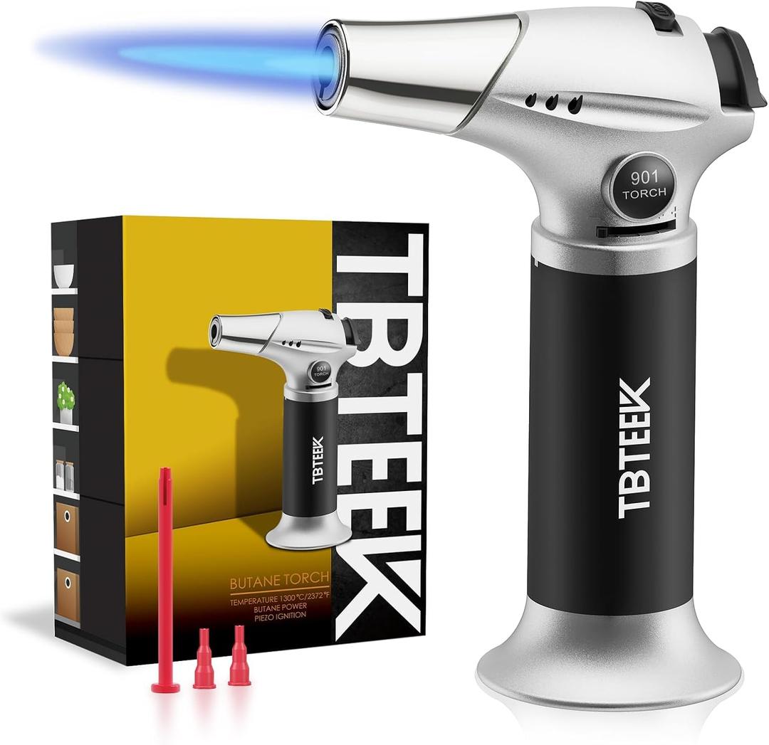 TBTEEK Butane Torch, Kitchen Torch Cooking Torch with Safety Lock & Adjustable Flame for Cooking, BBQ, Baking, Brulee, Creme, DIY Soldering(Butane Not Included) (Silver)