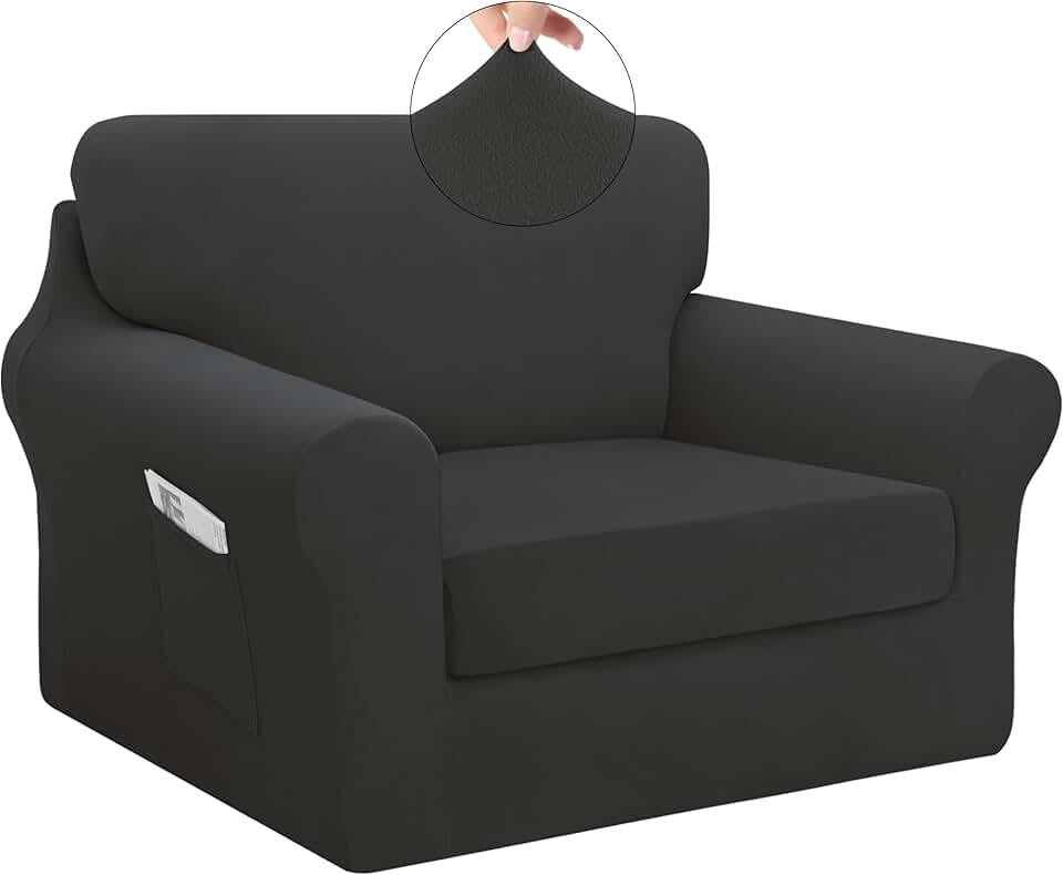 Easy-Going 3 Pieces Stretch Chair Cover Washable Chair Slipcover Set for 1 Backrest and Seat Cushion Couch Anti-Slip Sofa Couch Cover Furniture Protector with Elastic Bottom (Small, Dark Grey) OEKO-TEX STANDARD 100