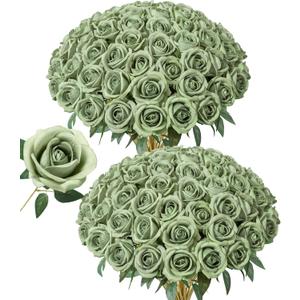 50 PCS Green Roses Artificial Flowers, Fake Roses with Stem Realistic Silk Roses for DIY Wedding Bouquets Tables Centerpieces Arrangements Baby Shower Birthday Home Decor Valentine's Day Gift for Her