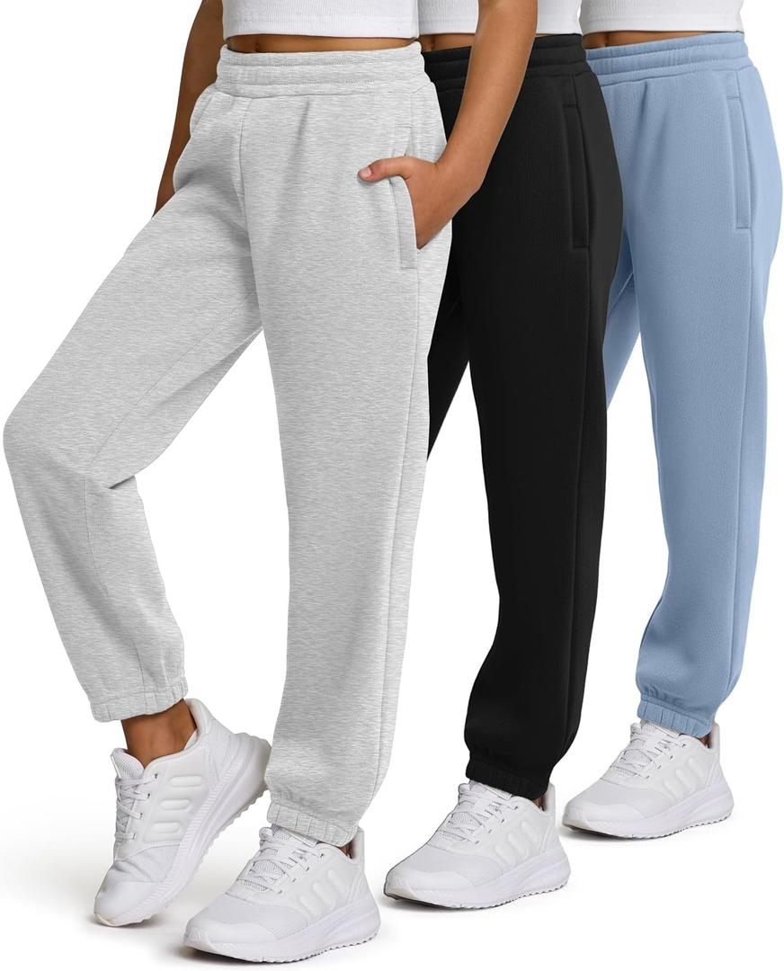 PURE CHAMP Girls Sweatpants 3 Pack Fleece Athletic Joggers, Teen Sweat Pants with Zipper Pockets and Drawstring Size 4-16 (X-Small, Black, Heather Grey, Skyl Blue)