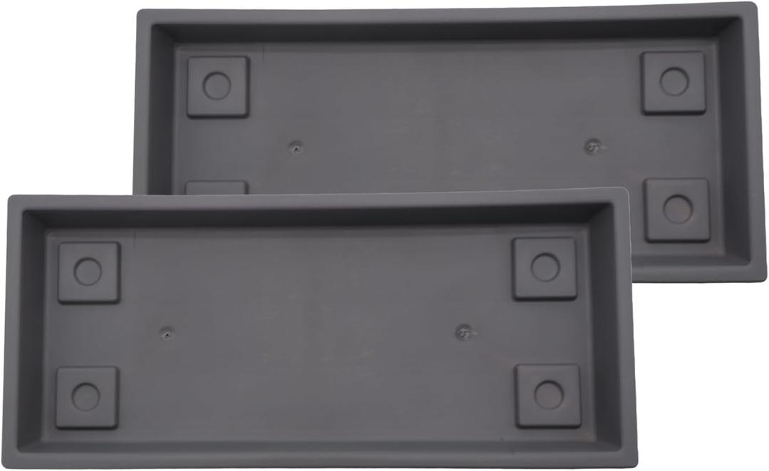 The HC Companies 23.5 Inch Venetian Rectangular Plant Saucer, Lightweight UV-Resistant Plastic Outdoor & Indoor Flower Pot Tray, 2-Pack Plant Pot Trays for Garden & Home Decor, Warm Gray