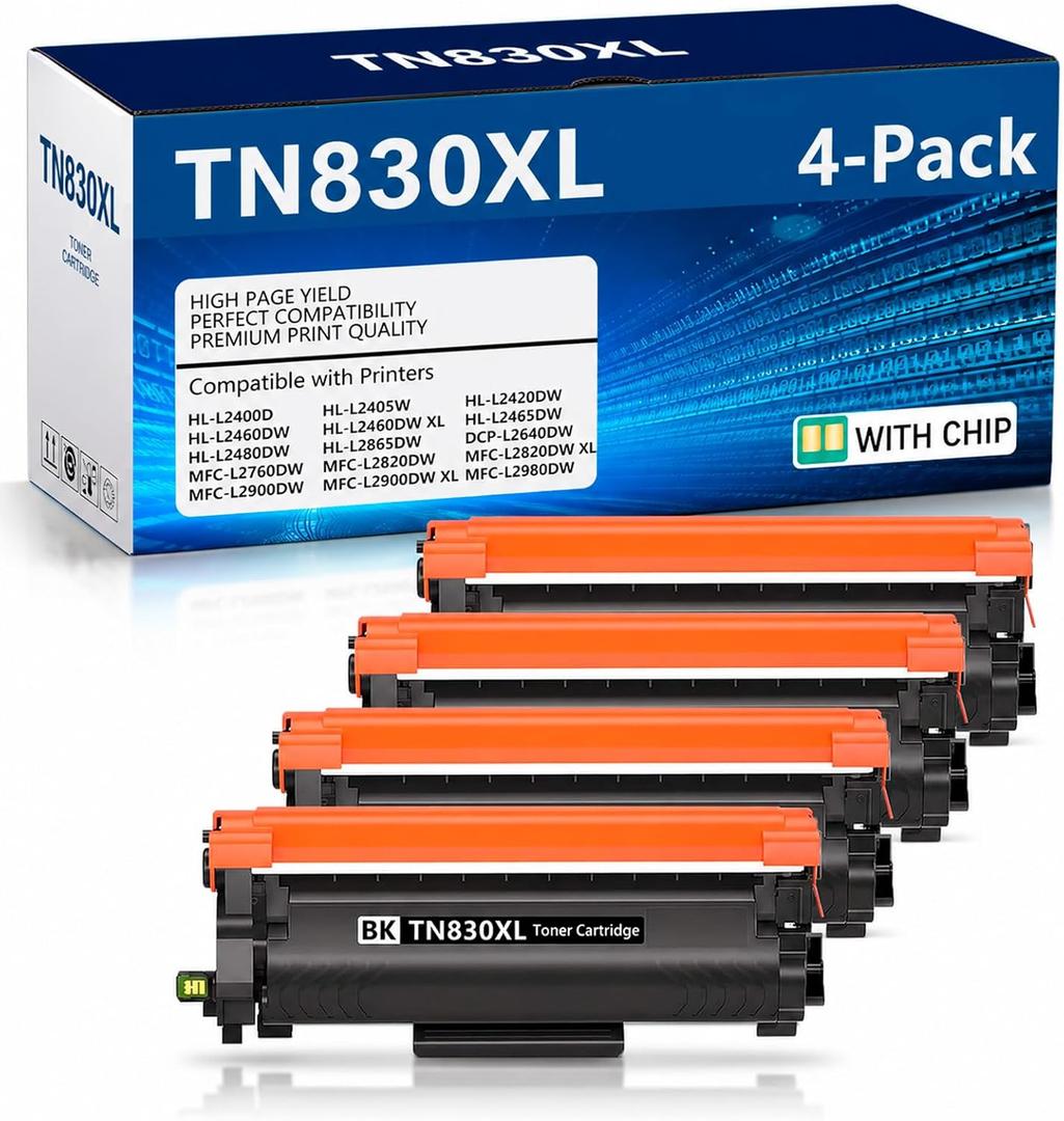 TN830XL High Yield Toner 4 Pack Compatible for TN830XL TN830XL/V/R Toner Cartridge Work for DCP-L2640DW MFC-L2820DW HL-L2400D HL-L2460DW HL-L2405W HL-L2465DW HL-L2480DW MFC-L2900DW Printer