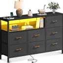 AODK Dresser with LED Lights and Charging Station, 52-Inch Long Dresser for Bedoom with 7 Large Storage Drawers, Fabric Dresser TV Stand with Open Shelves, Dark Grey