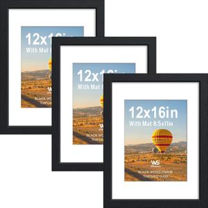 12x16 Picture Frame 3 Pack, Black Wood, Tempered Glass, 8.5x11 Mat