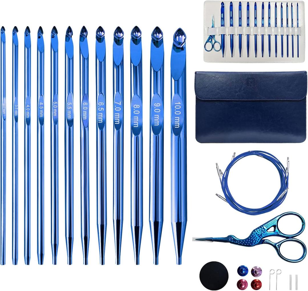 Tunisian Crochet Hooks Set Interchangeable with Case - 26pcs Metal Afghan Knitting Needles Kit 3mm-10mm with Long Cable & Ergonomic Grips, Blue