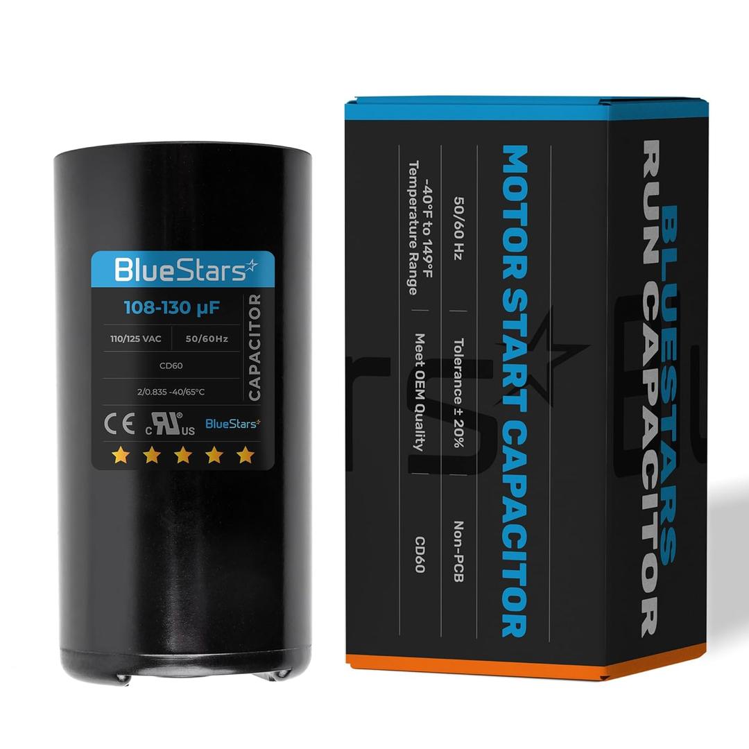 BlueStars 108-130 uf/ MFD 220-250 VAC ±20% Volts Round Start Capacitor 50/ 60 Hz AC Electric Replacement Part - Exact Fit for Single-Phase Electric Motors