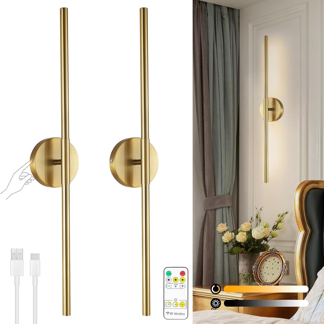 Wireless Battery Operated Wall Sconces with Remote, Gold Rechargeable Led Wall Lights Set of Two, Cordless Dimmable Battery Powered Wall Lamp Decor for Bedroom Living Room, 3 Color, 28 Inch