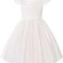 Uhnice Flower Girl Pearl Dress Flutter Sleeve V-Back Satin Dress with Bowknot for Wedding Birthday Party (Ivory, 90/ 2-3 Years)