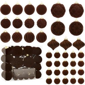 46PCS Velvet Christmas Ball Ornaments Set, Flocked Shatterproof Xmas Tree Decor, Assorted Hanging Ornaments with Loop for Holiday Home Decor, Christmas Tree Decoration (Brown)