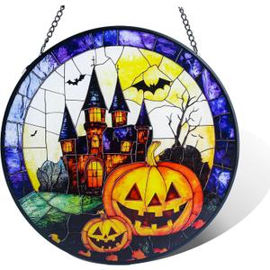Stained Glass Window Hanging-7.8in Halloween suncatcher for Window Doors Home Decoration,Christmas Thanksgiving Gift for Women, Men, and Mom