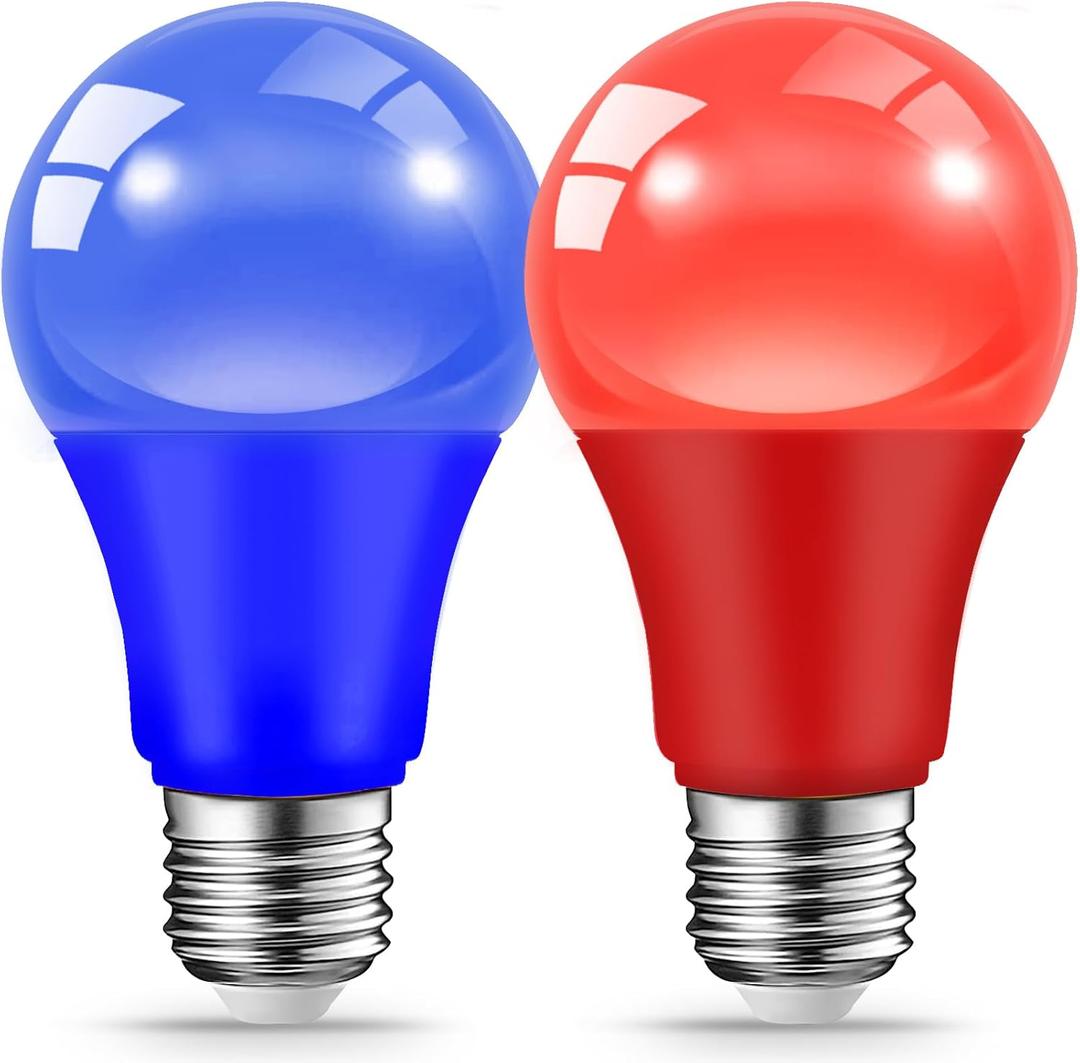 JAHEKS Blue Red Light Bulbs for Outdoor Porch, 9W(60W Equivalent) E26 Base LED Bulb for Memorial Day,Independence Day,Christmas,Halloween,Wedding,Party,Bar,Holiday,Home Decor, 2-Pack