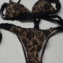 WODECASA Women's V Neck Triangle Bikini Sets Scalloped Trim Lace Two Piece Swimsuit Tie Side High Cut Thong Bathing Suit (Medium, 198 Black)
