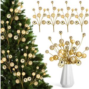 4 Pcs 15 Inch Gold Christmas Tree Picks Xmas Glitter Ball Christmas Tree Decorations Artificial Stems for Xmas Topper Ornaments DIY Wreath Garland Crafts Winter Home Decor