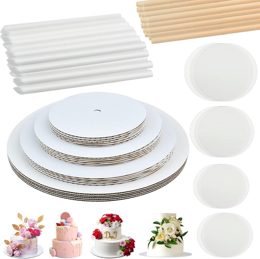 230 PCS Cake Boards Tiering Kit, 12 Inch,10 Inch, 8 Inch, 6 Inch Cake Cardboard Rounds, Parchment Paper Rounds, Wooden Dowels and Straw Dowels, Cake Plates for Wedding Birthday Party