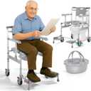 Rolling Shower Wheelchair, 4-in-1 Bedside Commode Chair with Padded Seat, Adjustable Height, Transport Wheelchair for Disabled, Elderly, Adults, & Postoperative Patients