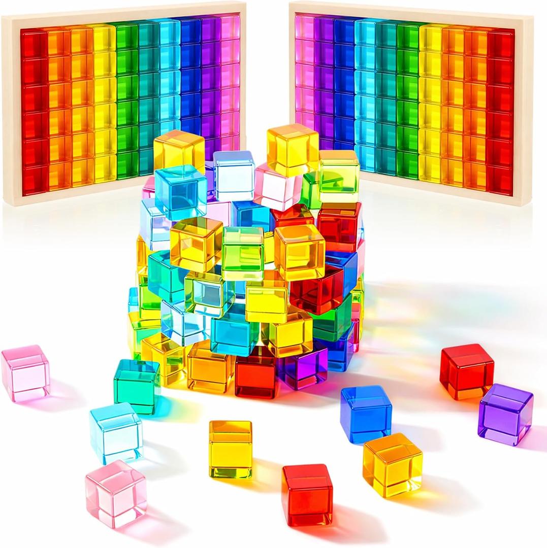 Meooeck 100 Pcs Colored Acrylic Gem Cube Blocks, Translucent Rainbow Building Stacking Sensory Train Toy with Wooden Storage Box for Toddler Kid Montessori School Classroom (Cube), 2.5 Cm X 2.5 Cm X 2.5 Cm