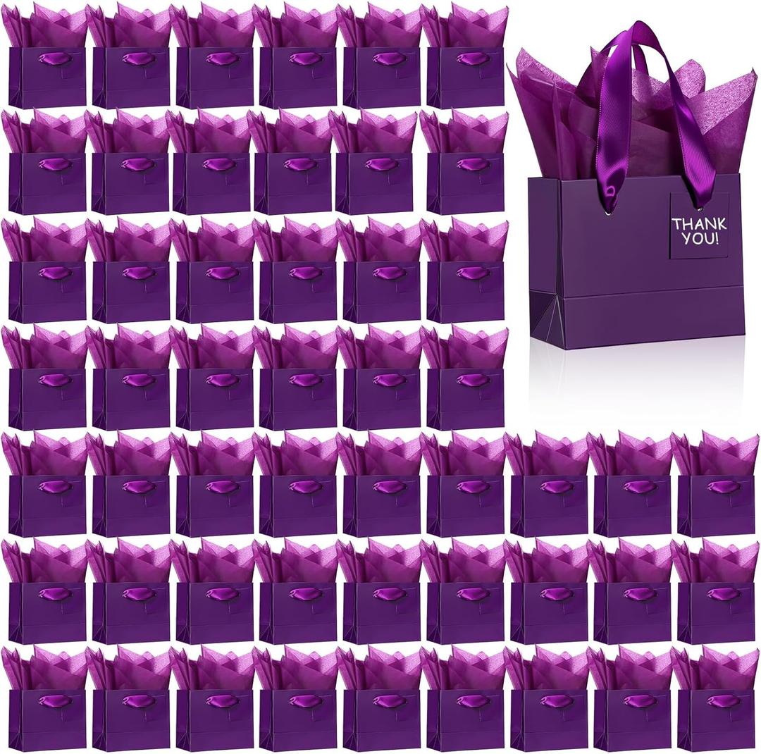 Qilery 50 Pcs Halloween Mini Paper Gift Bags Bulk with Tissue Paper Small Gift Bags with Handle and Tags for Birthday Wedding Back to School Summer Party Business(Purple,4.7 x 2.4 x 3.9'')
