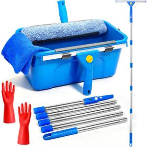 Window Cleaning Kit with Bucket, Squeegee and Scrubber for Home Outdoor | 76" High Window Washing Kit, Squeegee & Scrubber & 3 Gal Bucket, Professional Window Cleaner Tool for Home Outdoor Commercial, 14"