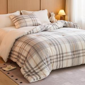 100% Cotton Comforter Set Queen Size  Reversible Yarn-Dyed Checkered Design, Soft Washed Cotton on Both Sides, Lightweight All-Season Bedding, Machine Washable(Grey White Plaid, 90x90)