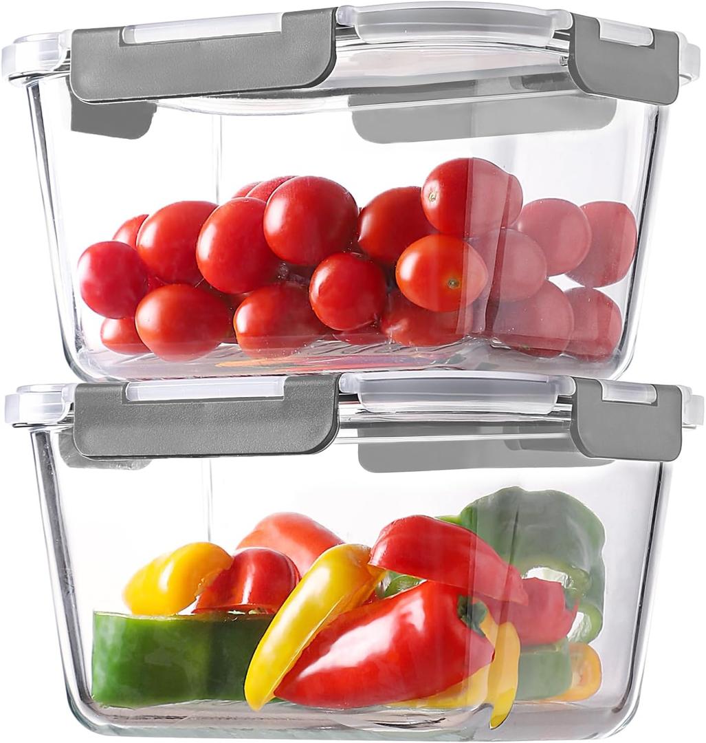 HOMBERKING 4 Pieces 63oz/8cup Large Glass Food Storage Containers with Lids, Meal Prep Containers, Airtight Bento Boxes with Leak Proof Locking (2 Containers 2 Lids), Microwave,Oven,Fridge Safe-Grey