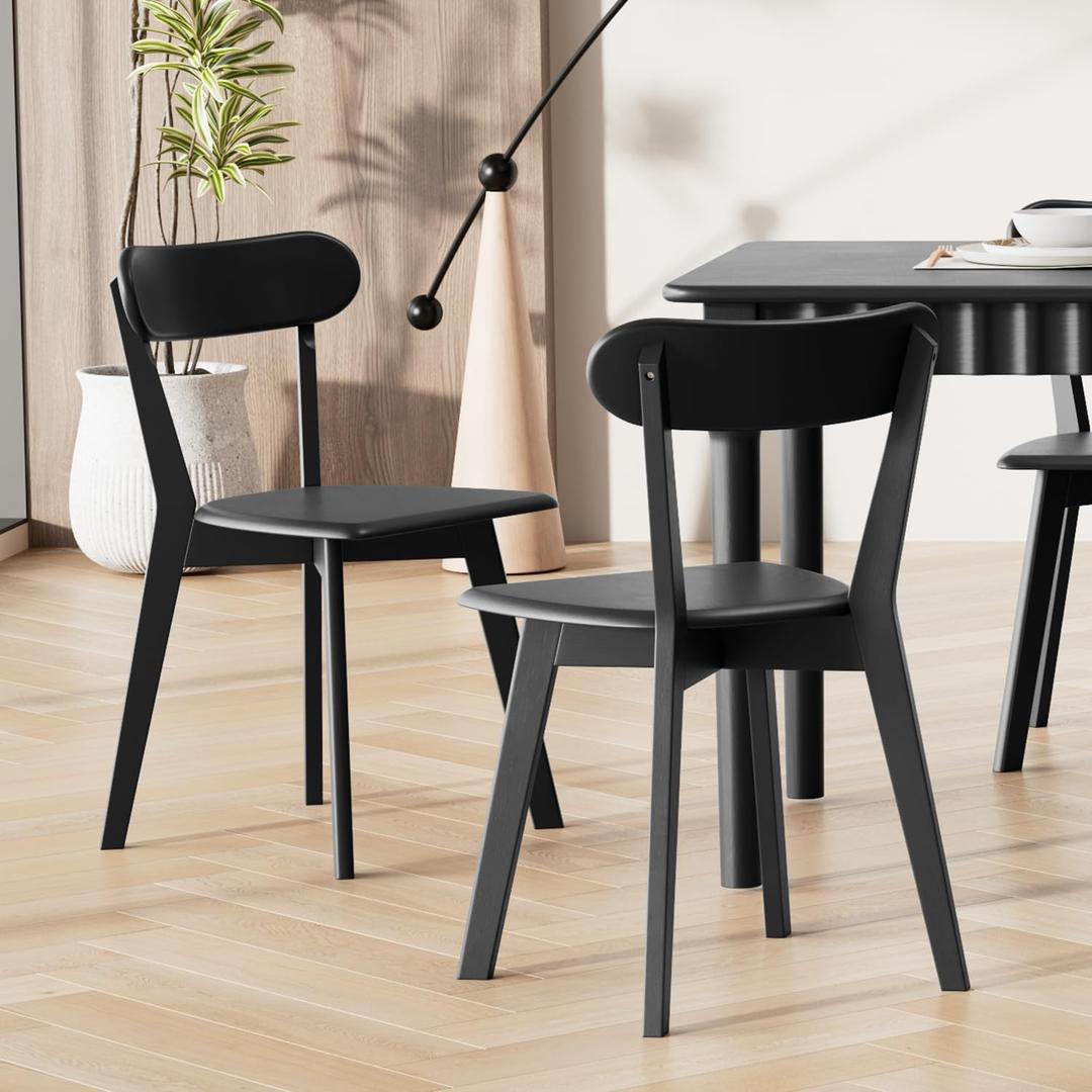 Solid Wood Dining Chairs Set of 2, Mid Century Modern Dining Room Chairs with Curved Backrest, Wooden Armless Kitchen Chairs for Dining Room, Space Saving, Black