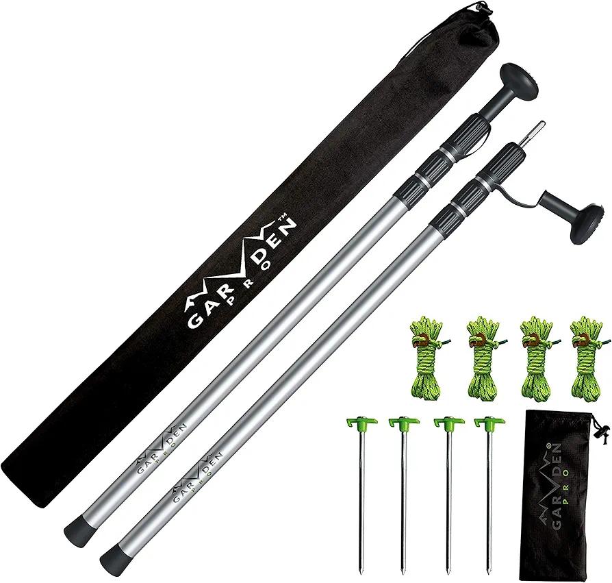 Telescoping Tarp Poles | Replacement Canopy Adjustable Aluminum Rods, Portable & Lightweight for Tent Fly, Awning, Outdoor Camping, Hiking, Backpacking & Rainfly + Pegs & Reflective Ropes