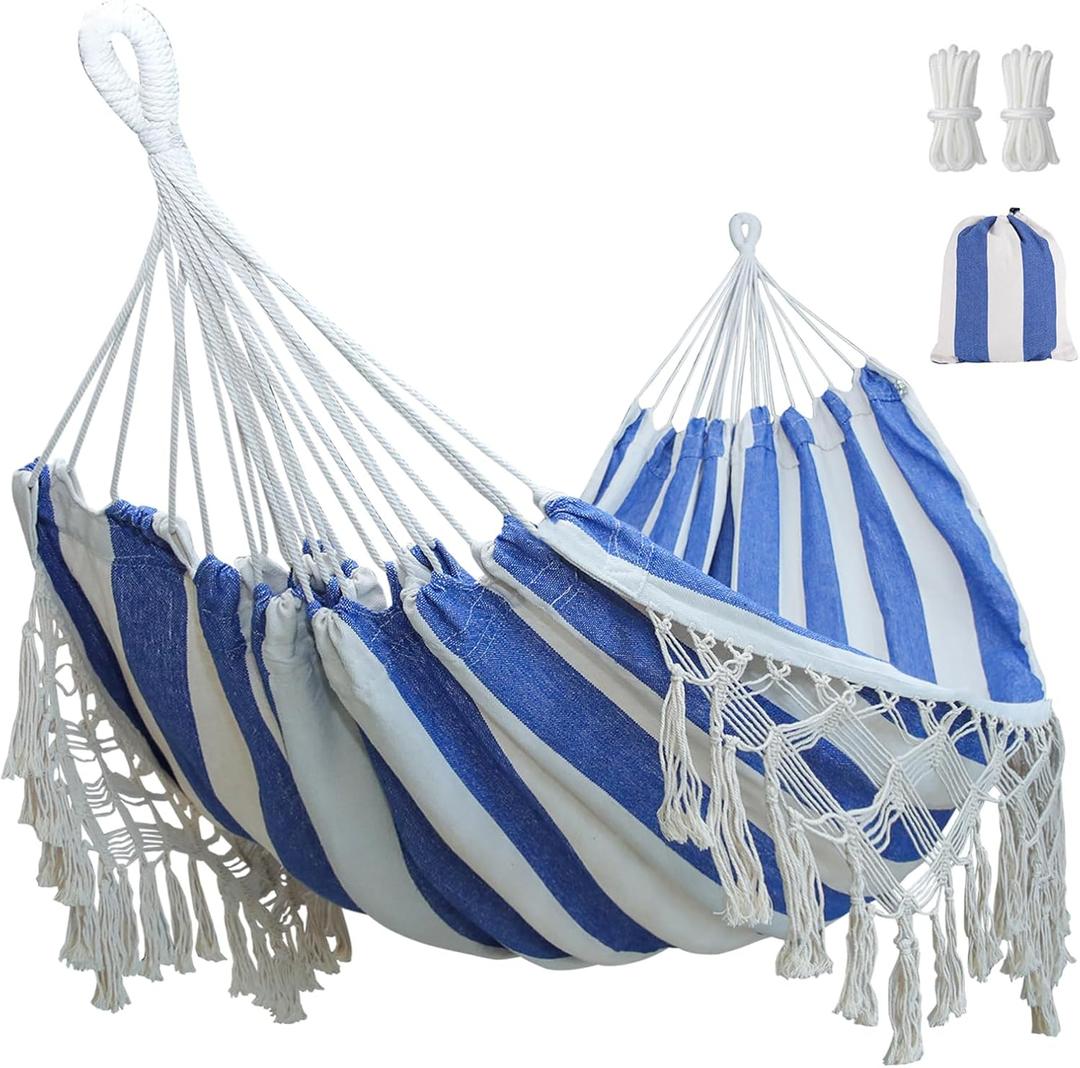 Boho Macrame Hammock with Elegant Tassels for Patio, Yard, Beach Wedding Decor, Outdoor and Indoor Up to 450lbs Include Tie Ropes and Drawstring Bag (Blue and White)